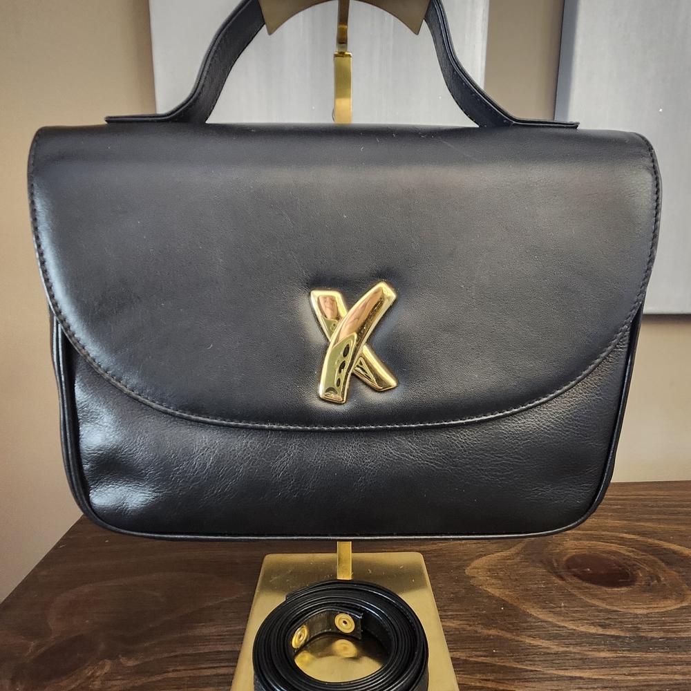 Paloma Picasso By Tiffany Black Leather 2 Way Hand Shoulder Bag with Gold Accent